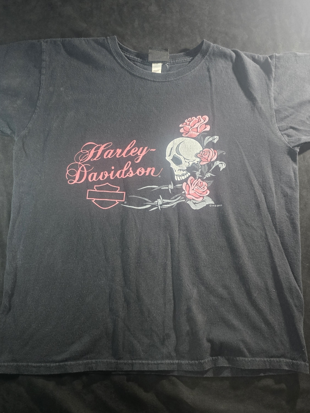 Harley-Davidson Black Tee with White Care Tag and Pink Print